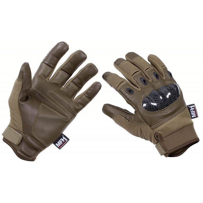 Guanti da combattimento tattici coyote di marca MFH con protezioni nocche traspiranti e design pieghevole per pollice e indice