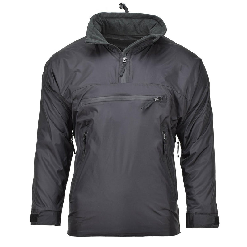 Black lightweight MFH thermal hooded Anorak jacket with front and side zip pockets for sports and outdoor activities.
