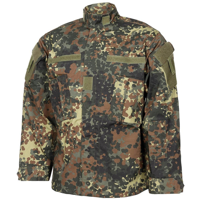 Giacca in stile militare americano di marca MFH in ripstop flecktarn camo con tasche multiple e gomiti rinforzati