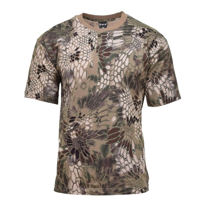 Maglietta intima militare americana a maniche corte del marchio MFH in mimetica Snake FG con tessuto leggero e traspirante per un abbigliamento attivo.