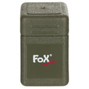 Compact olive green textured plastic case with Fox Outdoor logo for camping gas burner stove storage