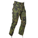MFH Combat Pants in M05 Finnish camo with adjustable waist, durable fabric, multiple pockets, and drawstring hems.
