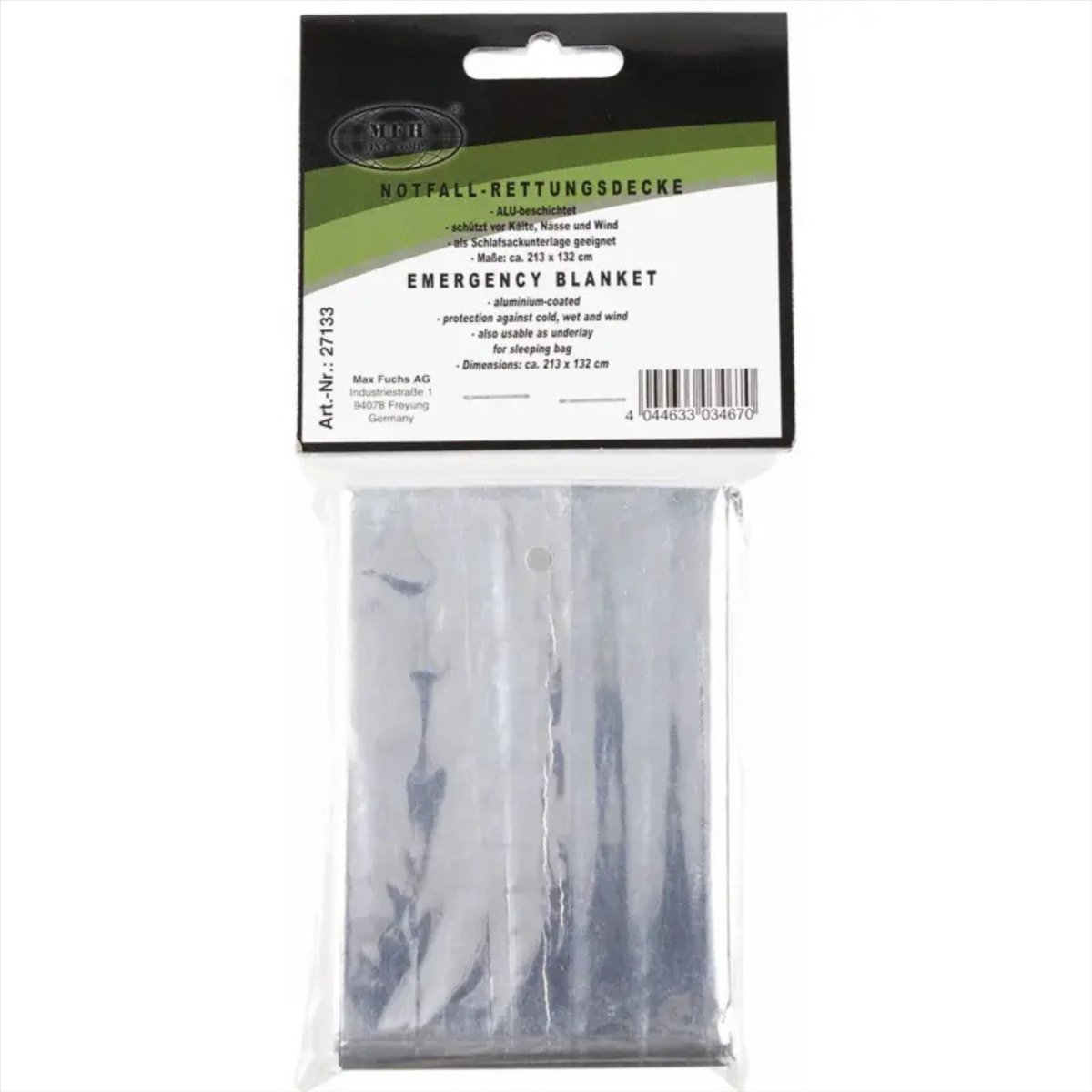 Coperta di emergenza MFH 213×132 cm Lamina di sopravvivenza rivestita in alluminio