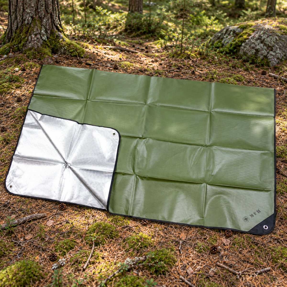 Telo di emergenza MFH 210 x 150 cm Telo da campeggio rivestito in alluminio OD verde
