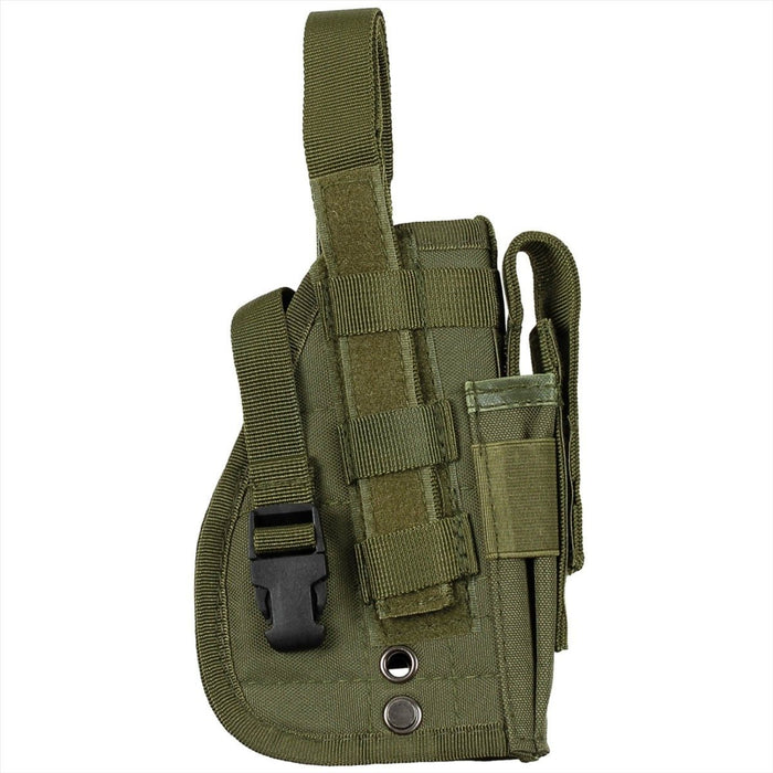 Fondina per pistola destra MFH verde oliva con chiusura MOLLE, chiusura a strappo e bottone a pressione