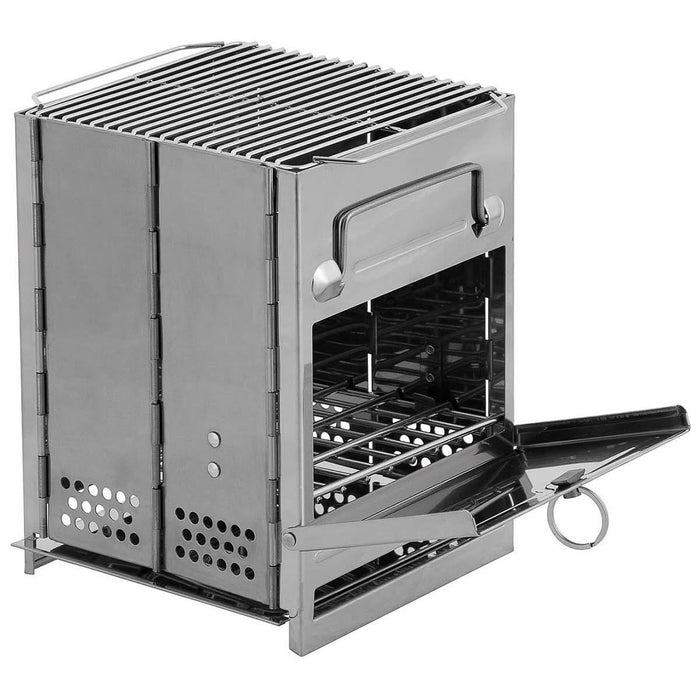 Fornello a razzo pieghevole portatile in acciaio inossidabile con griglia per barbecue per grigliate efficienti in campeggio all'aperto.