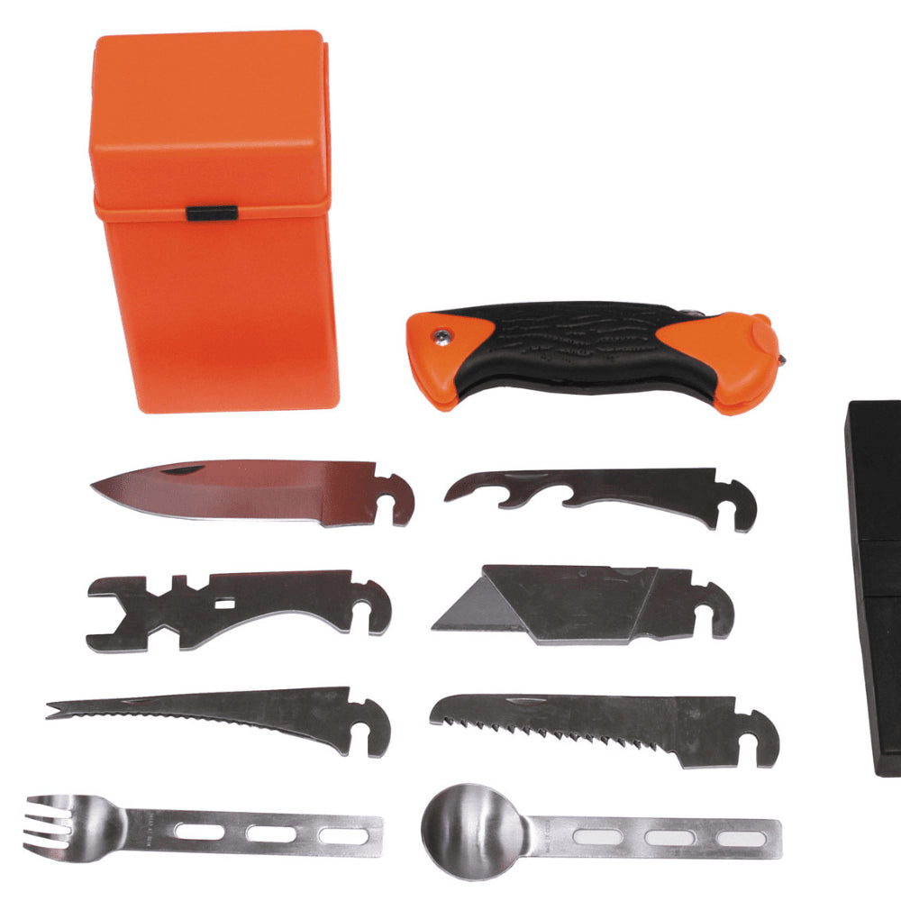 MFH Special Kit di sopravvivenza da 27 pezzi Cassetta degli attrezzi arancione da campeggio all'aperto