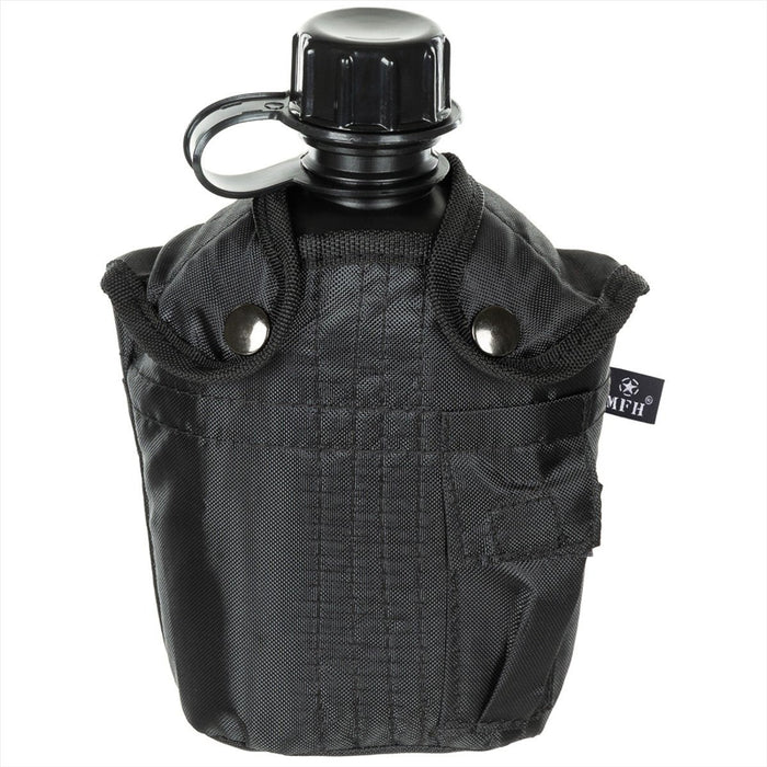 Borraccia militare nera in plastica MFH da 1 litro con tappo a vite, custodia in nylon resistente e senza BPA con attacchi a clip