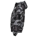 Side view of MIL-TEC Anorak jacket with splinter night camouflage, hood, and zippered sleeve pocket.