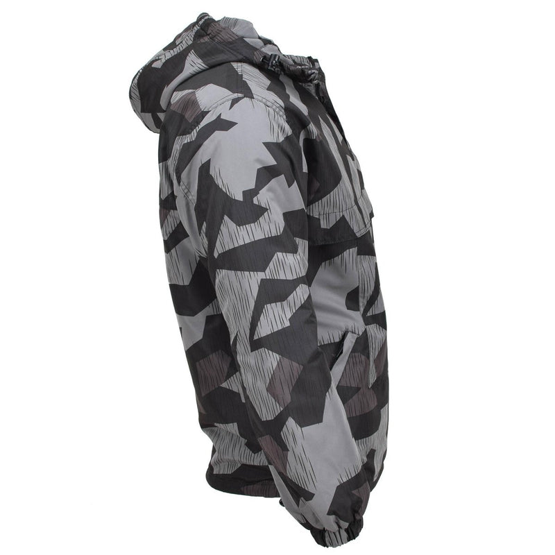 Side view of MIL-TEC Anorak jacket in splinter night camouflage with hood, windproof and warm design for outdoor use