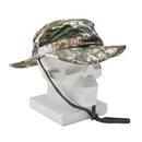 Camouflage MIL-TEC army boonie hat with wide brim, adjustable chin strap, ventilation, and waterproof laminate fabric.