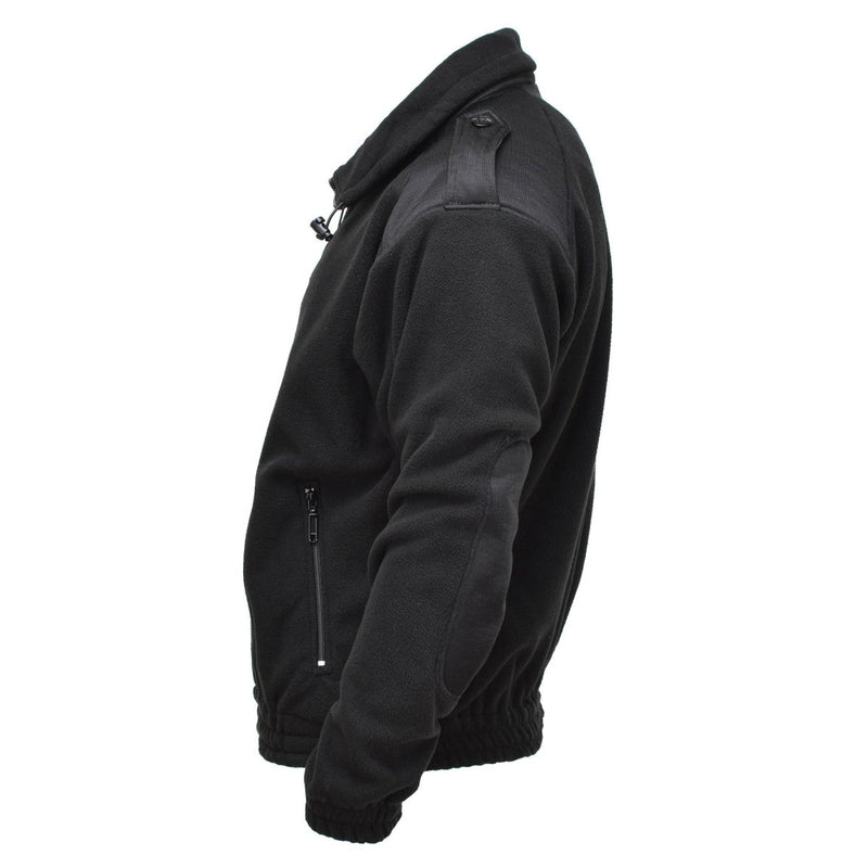 Black MIL-TEC army style fleece pullover jacket with reinforced shoulders and zippered pockets for cold weather and outdoor sportswear.