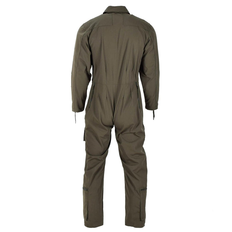 Back view of olive green Mil-Tec German army men's coverall jumpsuit with long sleeves and functional design.