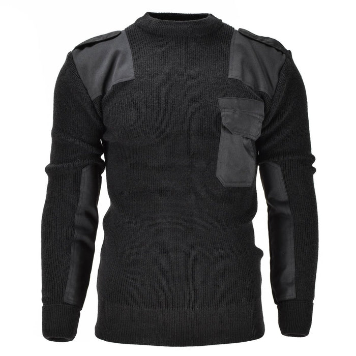 Maglione pullover nero Mil-Tec della Bundeswehr tedesca con gomiti rinforzati, spalline, spalline e design della tasca sul petto.