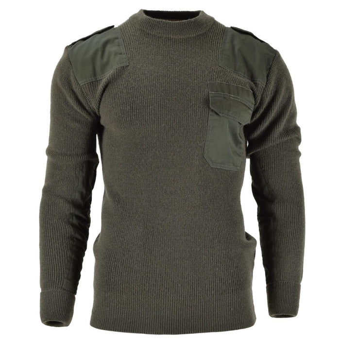 Maglione da commando in lana stile Mil-Tec verde oliva della Bundeswehr tedesca con spalle rinforzate e tasca sul petto.