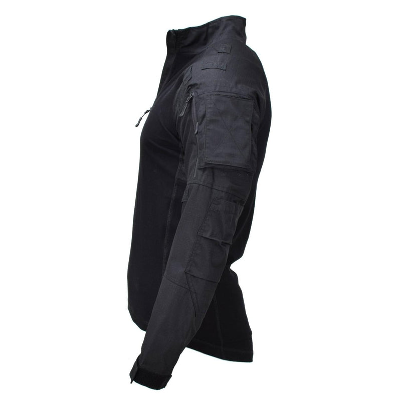 Mil-Tec black tactical combat shirt with padded elbows, multiple pockets, and attachment loops for gear organization.