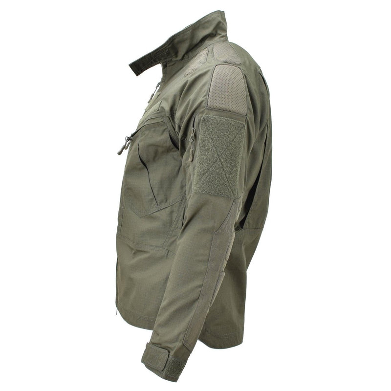 Side view of olive drab Mil-Tec Chimera military ripstop jacket with tactical pockets and adjustable cuffs