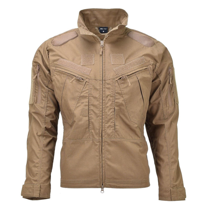 Giacca tattica Mil-Tec in stile militare ripstop marrone coyote scuro con tasche con cerniera e gomiti rinforzati.