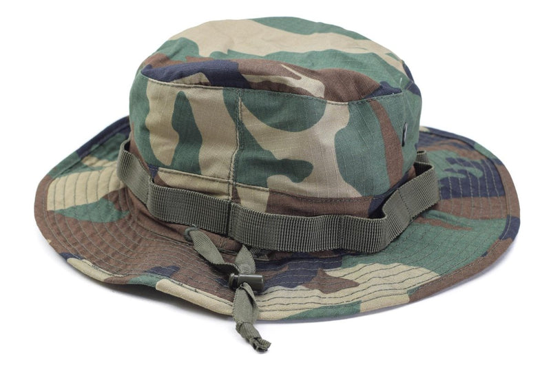Mil-Tec lightweight ripstop woodland camo boonie hat with chin strap for outdoor and military use.