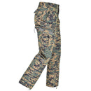 Side view of Mil-Tec U.S. Army style digital woodland camo pants with multiple pockets and ripstop fabric.