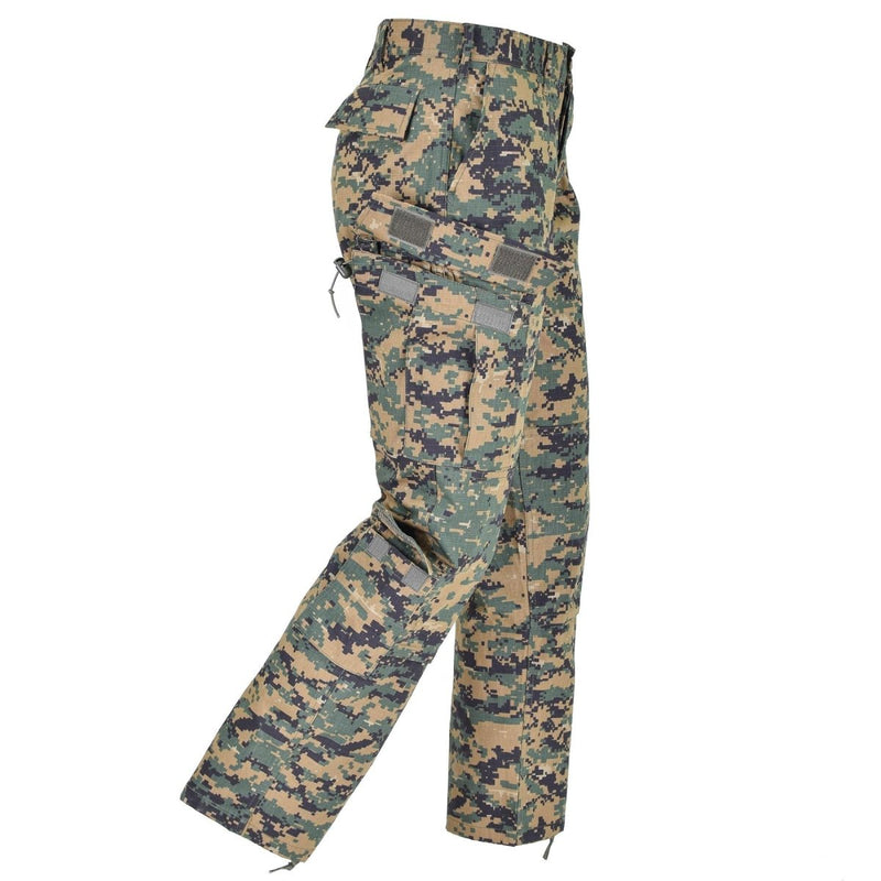 Side view of Mil-Tec U.S. Army style digital woodland camo pants with multiple pockets and ripstop fabric.