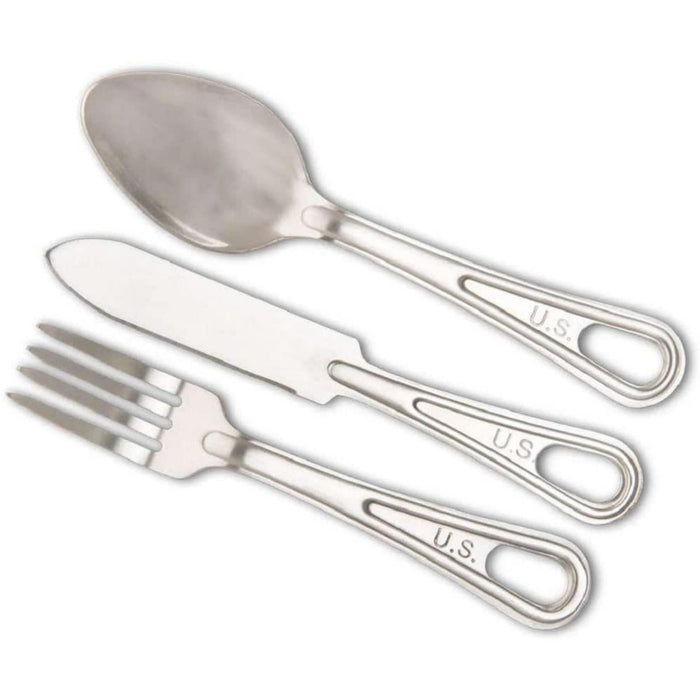 Set di posate in acciaio inossidabile Mil-Tec in stile militare americano con cucchiaio, forchetta e coltello per uso esterno.
