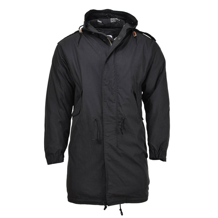 Black MIL-TEC M51 military style parka with hood, quilted liner, multiple pockets, and drawstring waist for warmth and durability.