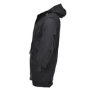 Side view of MIL-TEC black military style M51 parka with hood, quilted liner, and multiple pockets.