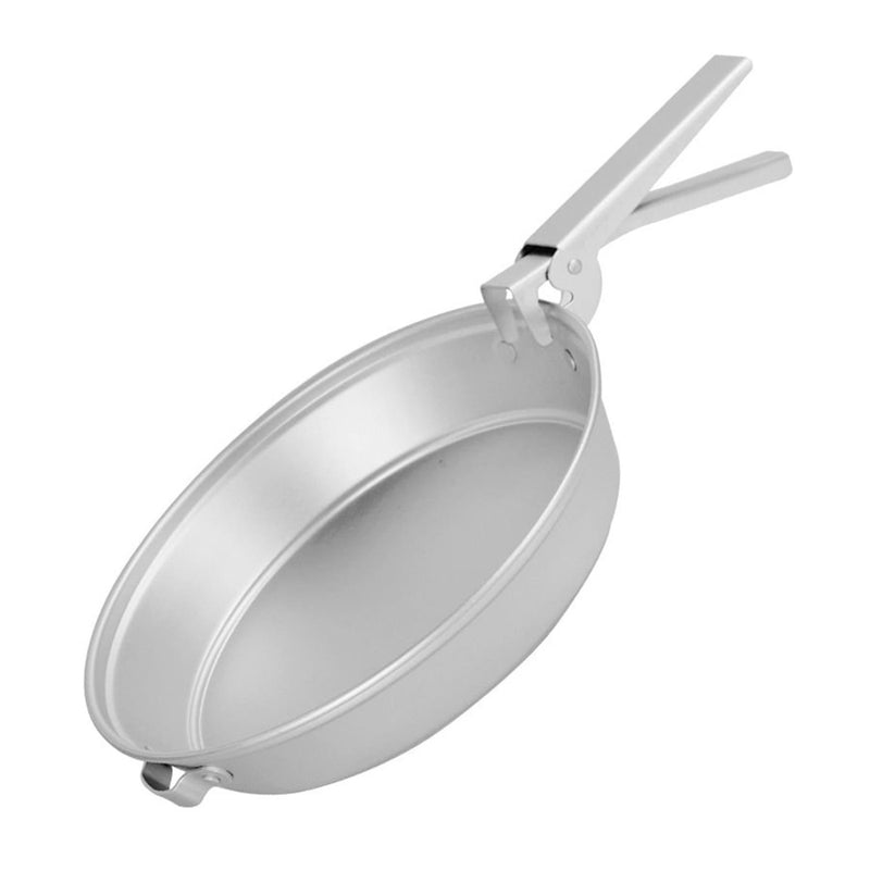 Lightweight aluminum camping frying pan with foldable handle, part of the MIL-TEC outdoor cookware set.