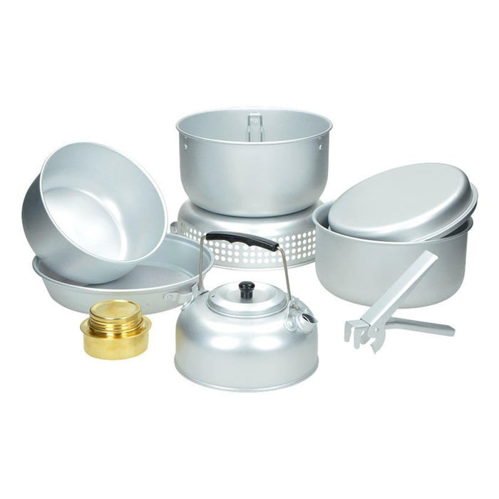 Set di pentole da campeggio MIL-TEC con pentole, padelle, bollitore, fornello ad alcool e utensili per cucinare all'aperto in alluminio