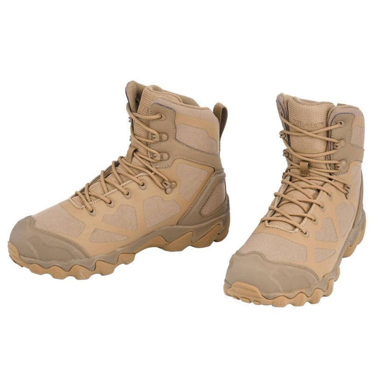 Coyote-colored MIL-TEC Chimera High boots with slip-resistant sole, reinforced toe, and ankle support for outdoor activities.