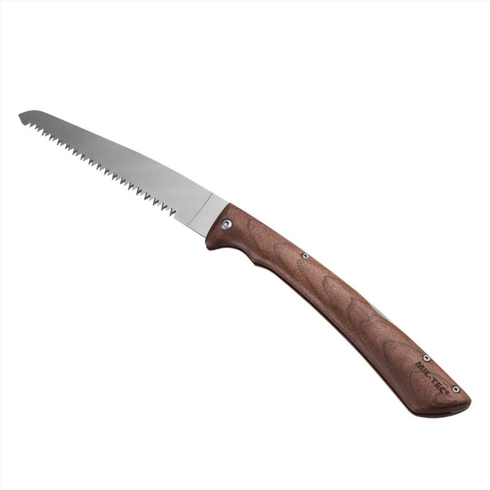 MIL-TEC compact folding saw with 19cm 420 stainless steel blade and ergonomic walnut handle for camping and outdoor use