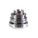 Stacked stainless steel camping cookware set with multiple pots and cups for outdoor cooking and easy storage