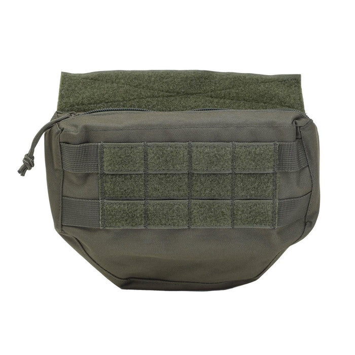 Custodia tattica MOLLE compatta verde oliva con pannelli a strappo per un fissaggio versatile dell'attrezzatura.