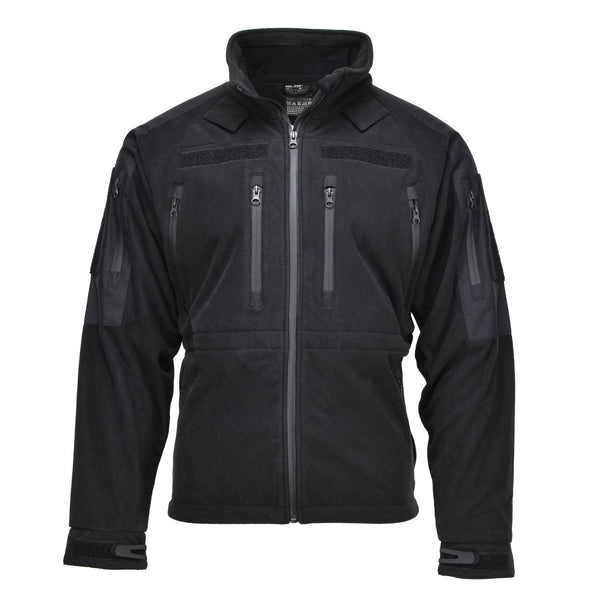 Black MIL-TEC cold weather fleece jacket with full zip, multiple pockets, and water-resistant thermal fabric.