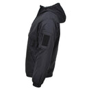 Side view of black MIL-TEC German military fleece-lined windproof hooded combat jacket