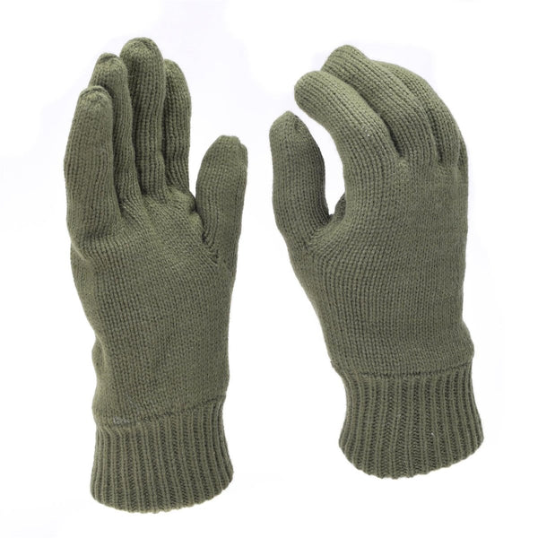 Olive green knitted winter gloves with Thinsulate lining for warmth and tactical outdoor use.