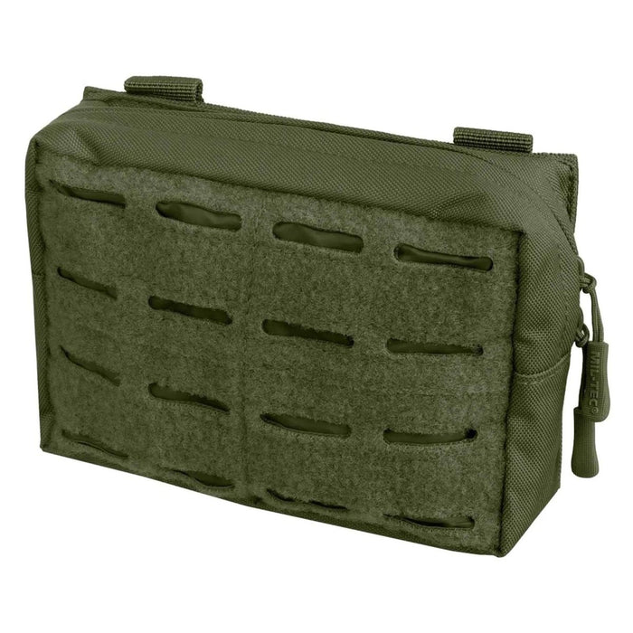 Marsupio da cintura multiuso MIL-TEC verde oliva tagliato al laser con fettuccia MOLLE per attrezzatura tattica e piccoli oggetti essenziali.