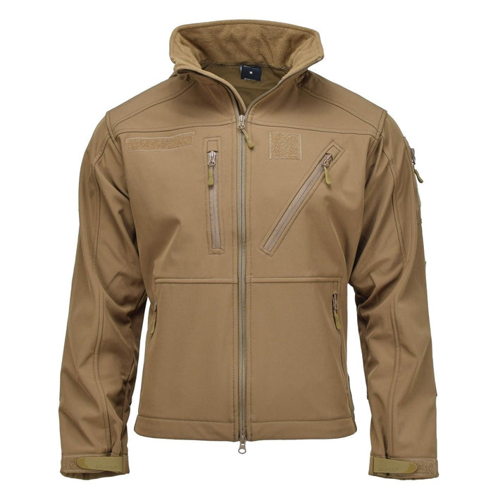 Giacca tattica soft shell SCU14 in stile militare Dark Coyote MIL-TEC con cappuccio e tasche con cerniera.
