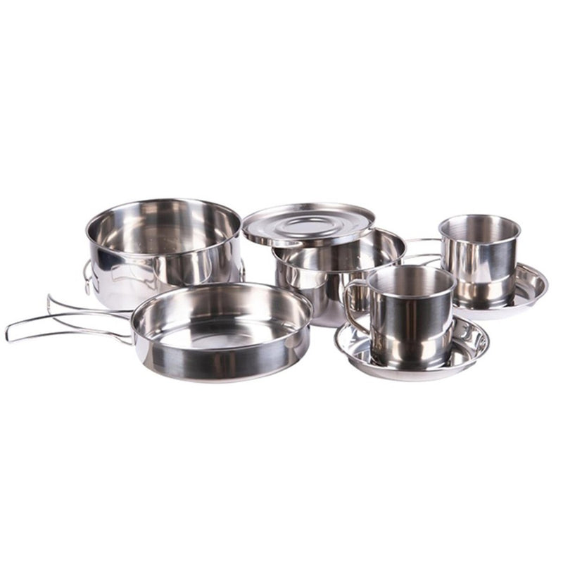 MIL - TEC outdoor cookware 8 pieces stainless camping cooking pot pan cup plate - GoMilitar