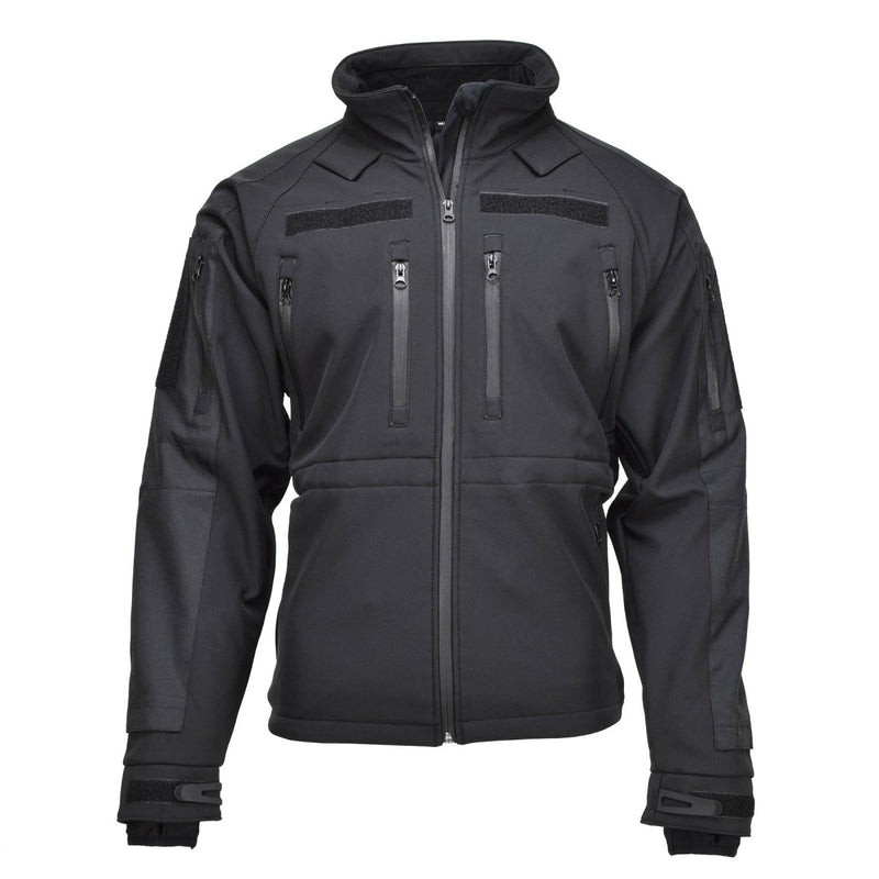 Black MIL-TEC softshell jacket with zippered pockets, windproof, water-resistant, and breathable activewear for outdoor use.