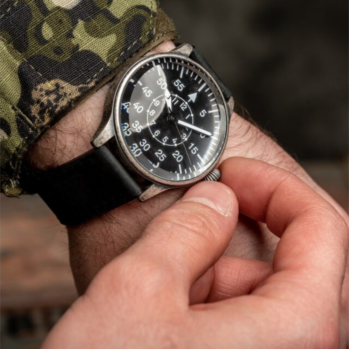 Meccanismo al quarzo di orologio pilota retrò mil-tec Bracciale in pelle naturale