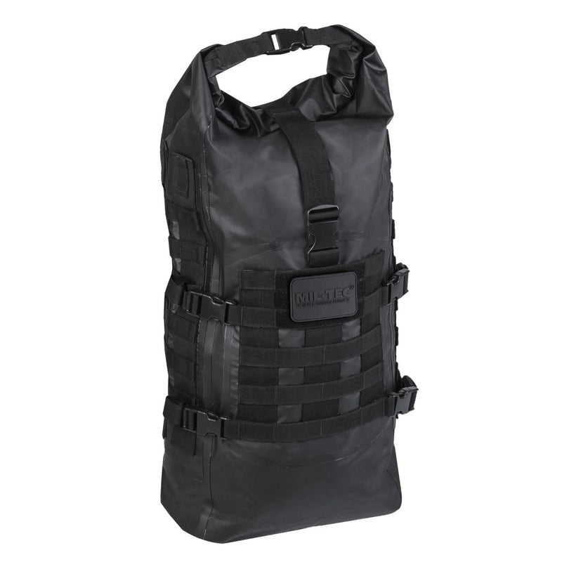 Black MIL-TEC SEALS waterproof roll-top tactical backpack with 35L capacity and MOLLE webbing straps for outdoor use.