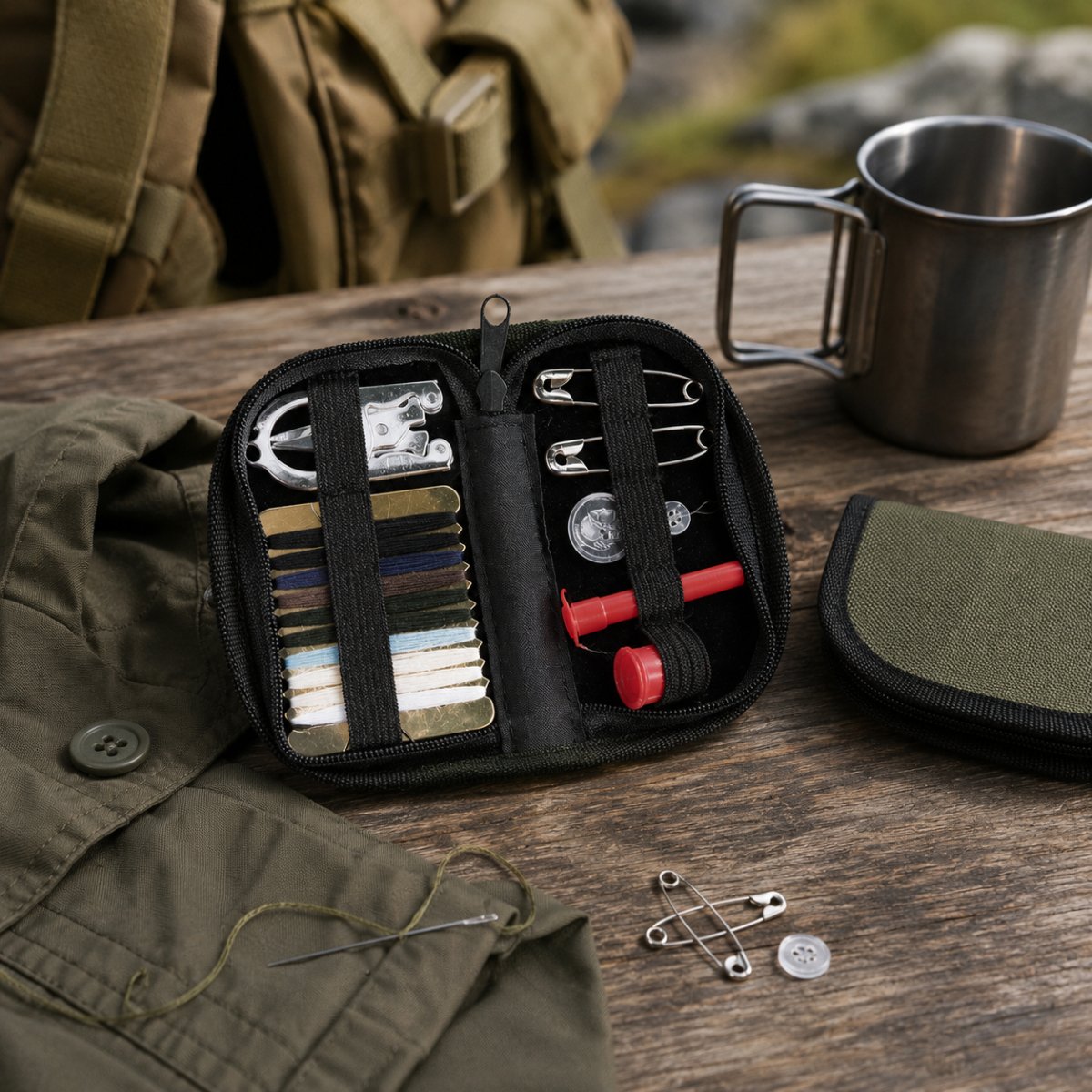 Mil-Tec Kit da cucito Custodia da viaggio Campeggio Riparazione Sopravvivenza Set Oliva Darb