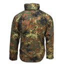 Back view of MIL-TEC Flecktarn softshell jacket with German flecktran camouflage pattern for outdoor use