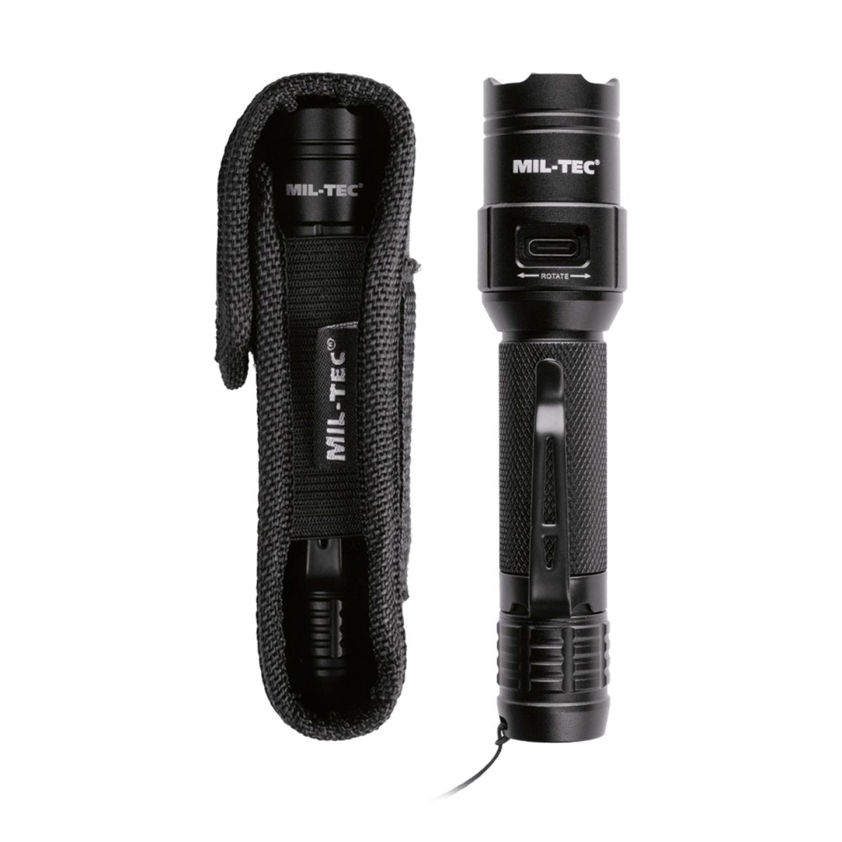 Torcia tattica MIL-TEC 450 lumen USB-C ricaricabile con interruttore di coda Cree