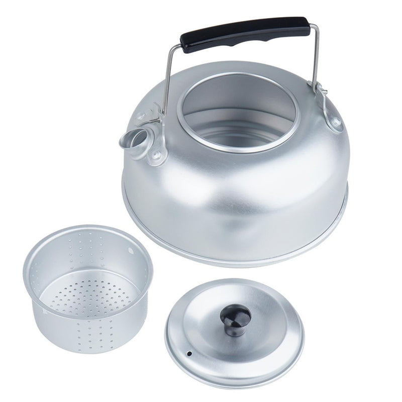 Lightweight aluminum camping teakettle with handle, lid, and tea strainer, 800ml capacity for outdoor use.