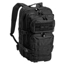 Black MIL-TEC U.S. Assault 36L tactical backpack with multiple compartments and adjustable padded straps for outdoor hiking and trekking.