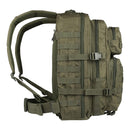 Olive green MIL-TEC 36L US Assault backpack with multiple compartments, MOLLE webbing, and padded straps for outdoor use.