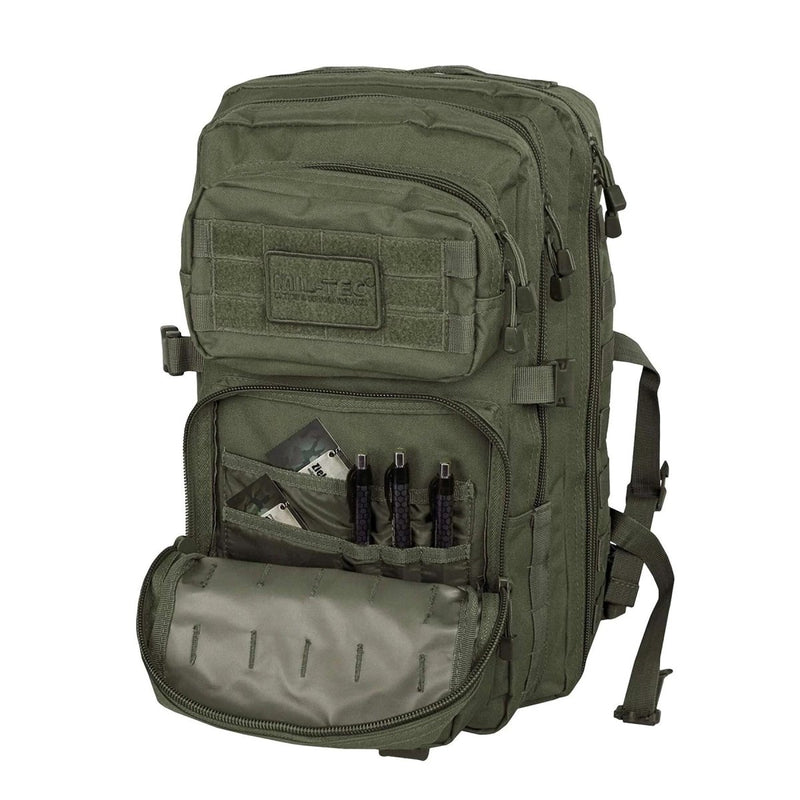 Olive green MIL-TEC 36L US Assault tactical backpack with multiple compartments and MOLLE attachments opened to show organizer pockets.